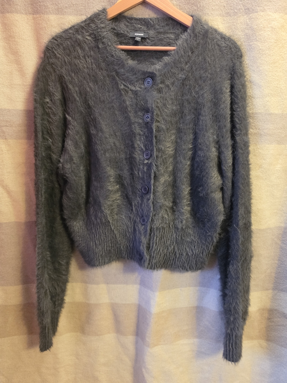 Express Fuzzy Button-Front Cardigan in Gray